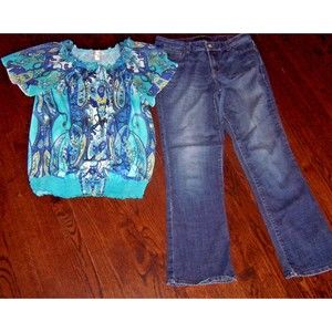 Outfit Lot Lee Platinum Label 12 STRETCH curvy boot cut jeans Dressbarn L LG top